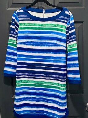Vince Camuto Women's sz 8 Dress Green Blue White Stripe 3/4 Sleeve Lined